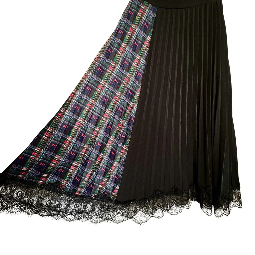 Zero Degrees Celsius Pleated Plaid Lace Skirt S Preppy Steampunk Midi Whimsigoth